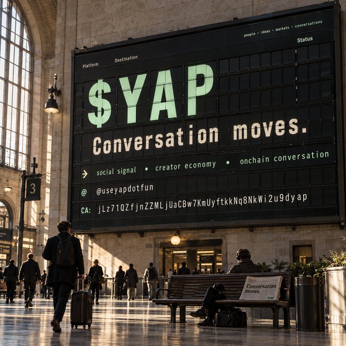 A large station departure board displays '$YAP' with the tagline 'Conversation moves,' listing social signal, creator economy, and onchain conversation, with travelers passing through the terminal.