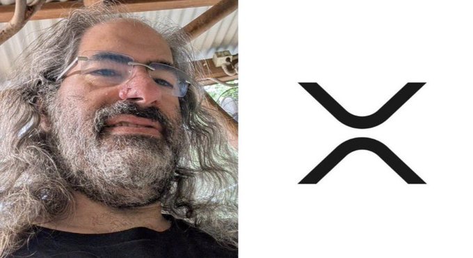 A side-by-side image showing a selfie of a man with long graying hair and beard, glasses, and a black shirt on the left, and the black XRP cryptocurrency logo on the right.