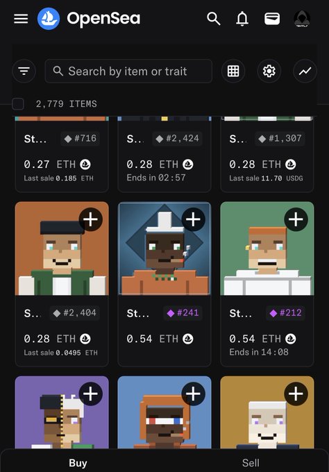 An OpenSea mobile interface displaying 2,779 NFT items from the StackersXYZ collection, with several pixelated avatar-style characters listed at prices like 0.27 ETH and 0.54 ETH. The image supports the post's claim about an impending 0.54 ETH floor price on StackersXYZ, as the lowest visible listings are currently priced at 0.27-0.54 ETH.