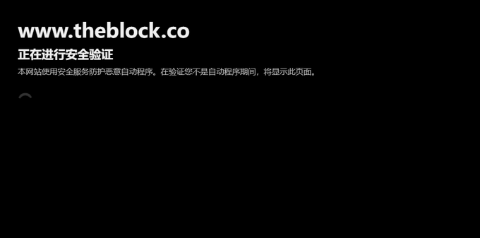 A black screen displaying the website 'www.theblock.co' with Chinese text indicating a security check is in progress ('正在进行安全验证').
