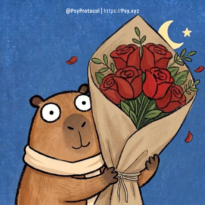 An illustration of a cartoon capybara holding a large bouquet of red roses wrapped in brown paper, set against a dark blue background with a crescent moon and stars; watermarked "@PsyProtocol | https://Psy.xyz".