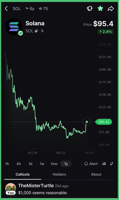 A Robinhood-style chart of Solana (SOL) trading at $95.41, up 2.4%, showing a multi-year downtrend from highs above $250, with a user comment from "TheMisterTurtle" predicting "$1,000 seems reasonable" — a bullish price target that contrasts sharply with the chart's current bearish trajectory.