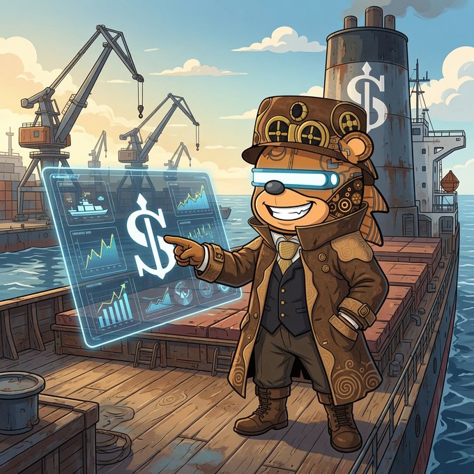 A cartoon bear mascot in steampunk goggles and a brown trench coat stands on a dock beside a large ship, pointing at a holographic dashboard showing charts and a dollar sign.