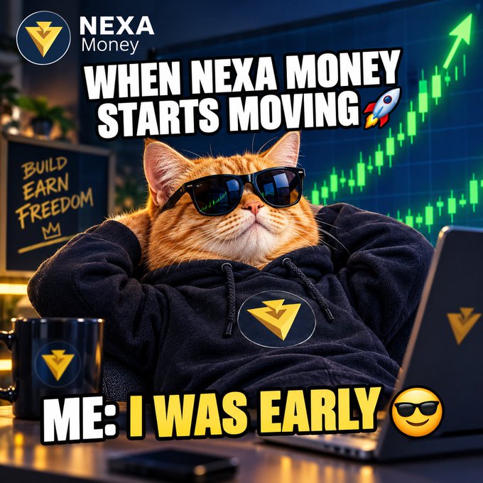 A meme featuring a cat in sunglasses and a NEXA Money hoodie with the text 'WHEN NEXA MONEY STARTS MOVING' and 'ME: I WAS EARLY' set against a rising green stock chart