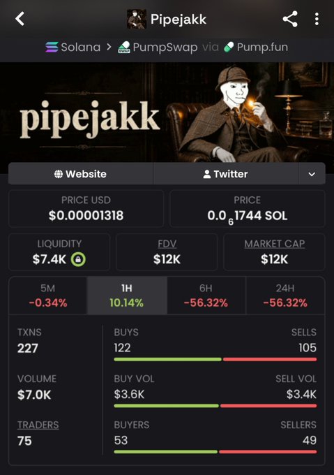 A Pump.fun token page for 'Pipejakk' on Solana, showing a price of $0.00001318, market cap of $12K, liquidity of $7.4K, and 56.32% drop in 6H/24H.