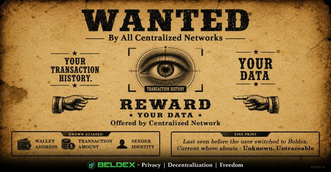 A vintage-style 'WANTED' poster parody featuring an all-seeing eye, with text 'By All Centralized Networks', 'YOUR TRANSACTION HISTORY', 'YOUR DATA', and 'REWARD YOUR DATA', branded with 'BELDEX - Privacy | Decentralization | Freedom' at the bottom.