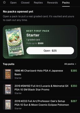 The image shows a digital Pokémon card pack store interface titled "No packs opened yet," featuring a "Best First Pack Starter" 1-graded card priced at $500 to open for $25, with top pulls including a 1996 #6 Charizard-Holo PSA 4 Japanese for $385, a 2019 #SM192 Full Art/Lucario & Melmetal GX PSA 10 for $350, and a 2019 #233 Full Art/Professor Oak's Setup PSA 10 for $287. This relates to the post by confirming that Pumpfun has indeed launched a Pokémon pack marketplace where users can pay to open digital packs containing rare graded cards.