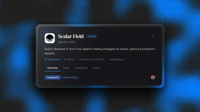 A profile card for "Scalar Field Trading" (@scalar_field_) is displayed against a blue halftone background, showing their tagline "Build it. Backtest it. Run it live. Agentic trading strategies for stocks, options & prediction markets" alongside their June 20, 2026 follow date via @ingersyz. The card visually represents the launch highlighted in the post, showcasing the agentic trading desk flagged by @frontrunvc before its debut.
