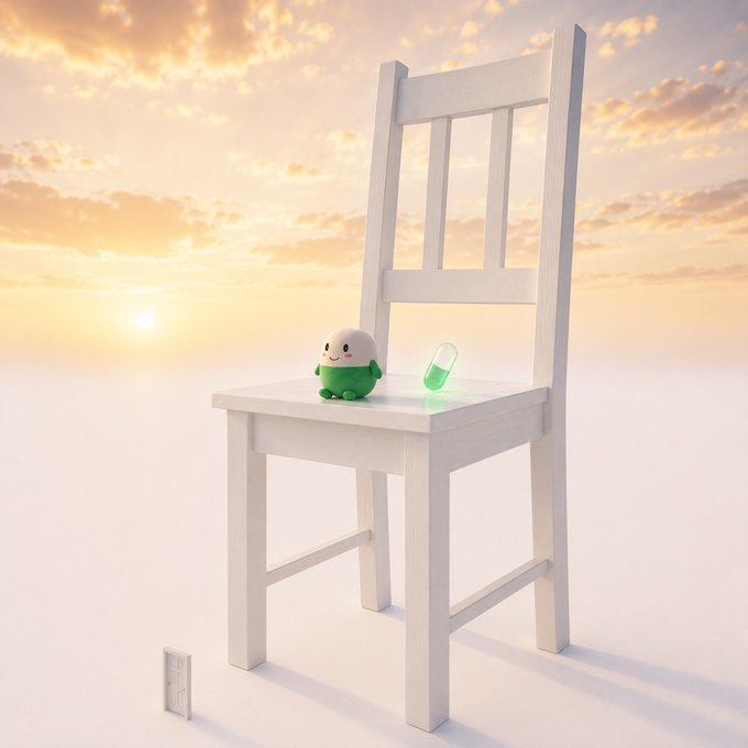 A small green cartoon character sits on a white wooden chair beside a glowing green-and-white pill, set against a sunset sky, with a tiny door on the ground hinting at escape. The scene visually echoes the post's joke about $Cupsey offering an "option to retire" by taking the pill.