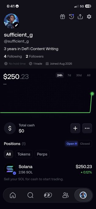 A mobile app screenshot showing a crypto portfolio for user 'sufficient_g' with a 24h balance of $250.23 in Solana (SOL), up 0.12%.