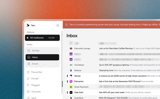A screenshot of an email client called 'Tem' showing an inbox with 36,489 mailboxes and a server sync warning banner.