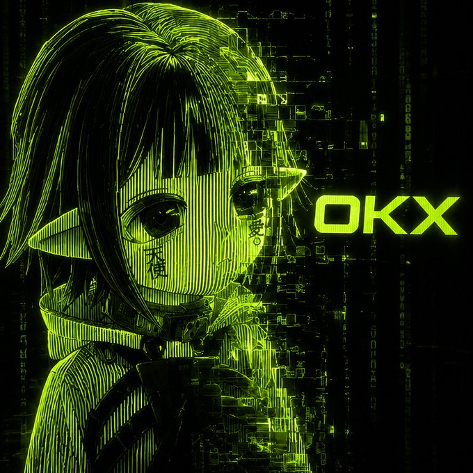 A green-tinted anime-style illustration of a girl with pointed ears beside the OKX cryptocurrency exchange logo, with digital code cascading in the background.