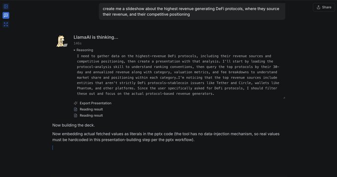 Screenshot of LlamaAI building a presentation about the highest revenue generating DeFi protocols, with reasoning shown on a dark interface.
