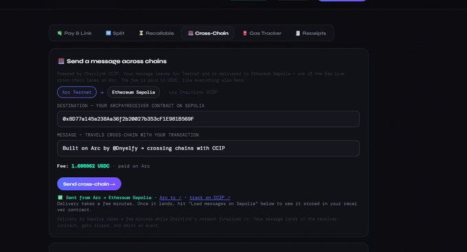 A dark-themed cryptocurrency interface showing a 'Send a message across chains' form powered by Chainlink CCIP, with fields for source/destination (Arc Testnet → Ethereum Sepolia), a contract address, and a 1.698862 USDC fee for a cross-chain message.