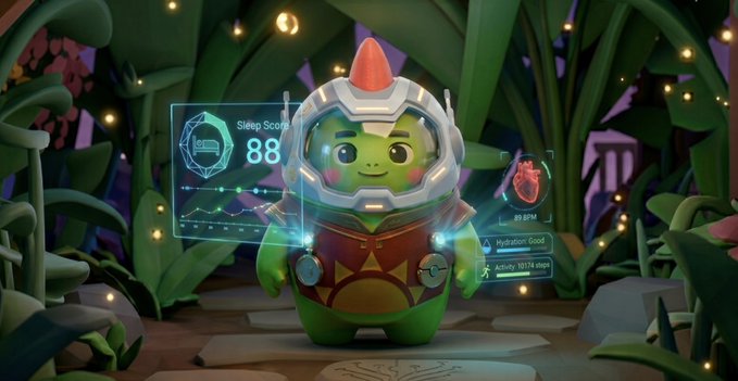 3D animated character in a space helmet and armor standing in a jungle-like environment, with a holographic sleep score display showing 88 BPM.