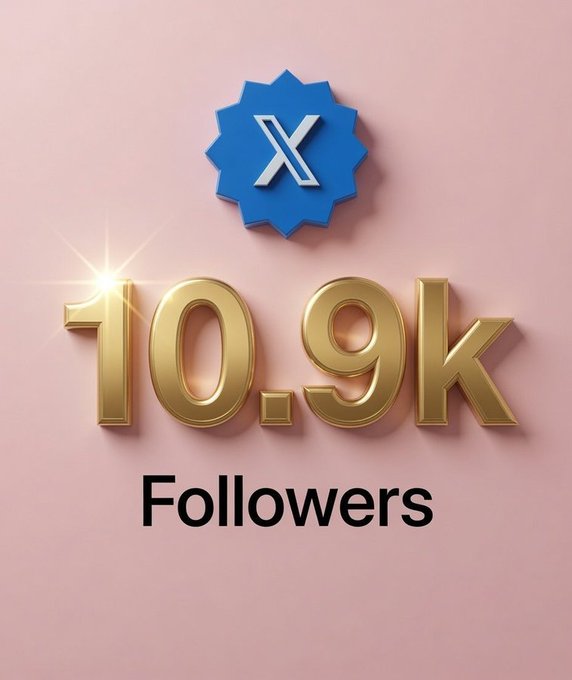 A celebratory graphic with gold "3D" text reading "10.9k Followers" on a pink background, topped with a blue verified-style badge featuring an "X" logo.
