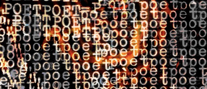 An abstract image features the word 'POET' repeated in various fonts and sizes across a dark background with fiery orange textures.