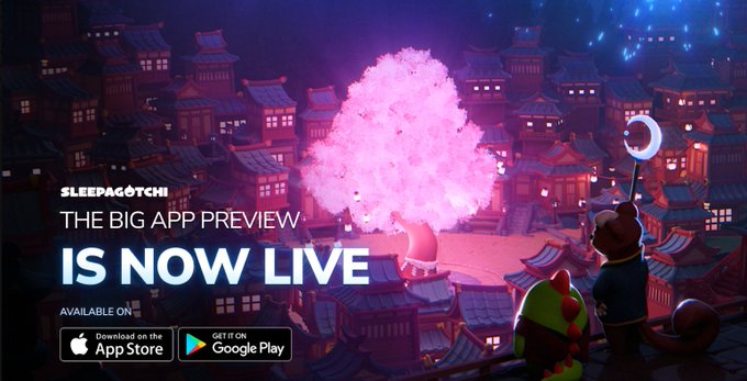 The image features an advertisement for a video game called "@sleepagotchi" that has been released as an app. The main focus of the ad is a large pink tree with white flowers, which appears to be floating above a cityscape filled with buildings and houses. Two cartoon characters are standing on top of this tree, looking down at the city below them.

The text in the image reads "The Big App is now live", indicating that the game has been released for download onto smartphones. The app's title is also displayed, which is "@sleepagotchi".