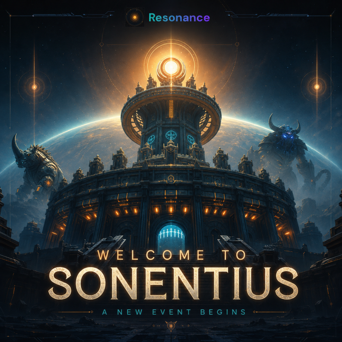 A science fiction promotional image titled "Resonance - WELCOME TO SONENTIUS - A NEW EVENT BEGINS," depicting a massive illuminated circular structure with monstrous figures flanking it against a planetary backdrop.