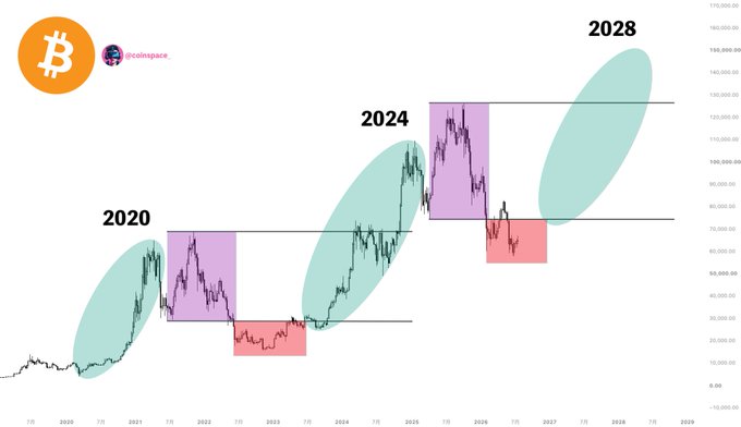 The image displays a Bitcoin price chart from 2020 to 2028, illustrating the cyclical pattern of bull runs (highlighted in teal) and bear markets (highlighted in red and purple), with projections suggesting significant price increases by 2028 reaching up to ~$170,000. This visualizes the accompanying post's message of patience and optimism, encouraging holders to "hang in there" as another bull market is expected to arrive in a few months.