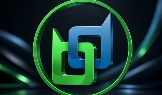 A 3D rendered logo featuring interlocking green and blue geometric shapes inside a green circular ring against a dark background with subtle lighting effects.