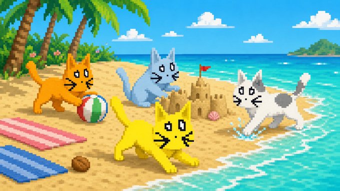 A pixel-art beach scene shows four cartoon cats playing around a sandcastle, with one orange cat near a beach ball and a yellow cat lounging on a striped towel beside a coconut. The whimsical, meme-style illustration of playful cats enjoying a leisurely beach day complements the post's reminder to "leave a moonbag," evoking a carefree, long-term holding mindset.

No text, numbers, tickers, or names are visible in the image.