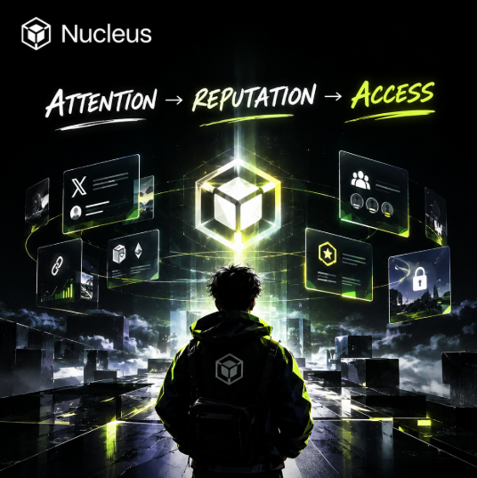 A promotional graphic for Nucleus featuring the text 'Attention → Reputation → Access' above a figure looking at a glowing cube surrounded by floating digital interface panels.