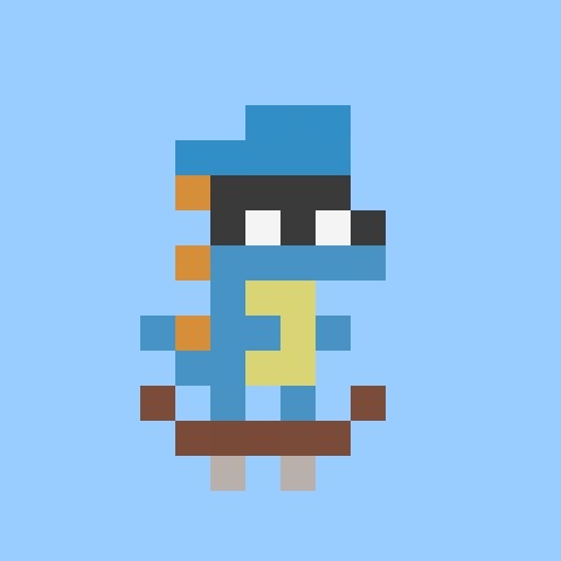 urn of blue and orange fish with a black head, wearing a blue hat and holding an orange fish on its back against a light blue background.