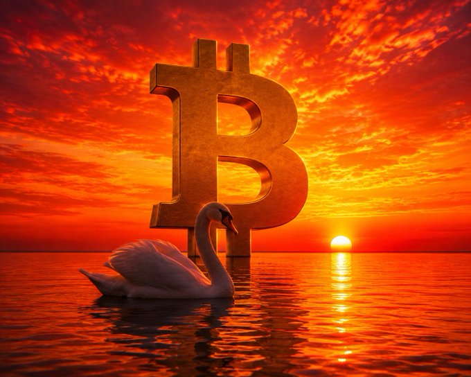 A 3D gold Bitcoin symbol standing in water at sunset, with a white swan swimming in the foreground against a dramatic orange and red sky.