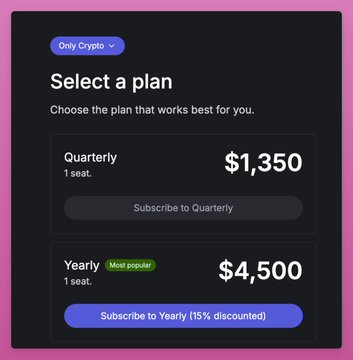 A pricing plan page showing two subscription tiers: 'Quarterly' for $1,350 (1 seat) and 'Yearly' for $4,500 (1 seat, marked as Most popular with 15% discount), with a 'Only Crypto' option selected.