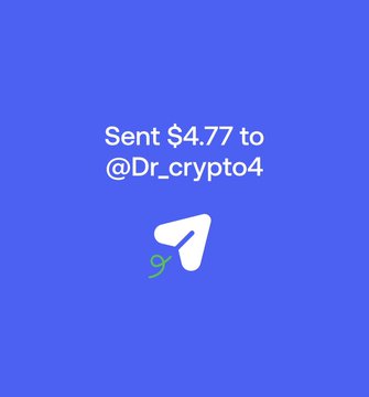 A blue-toned mobile payment confirmation screen showing "Sent $4.77 to @Dr_crypto4" with a paper airplane send icon.