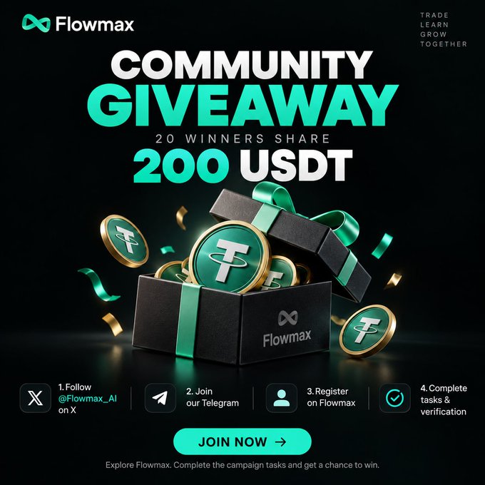 The image advertises a Flowmax "Community Giveaway" where 20 winners will share 200 USDT, featuring a black gift box with green ribbon overflowing with USDT (Tether) coins. The graphic outlines 4 participation steps—follow @Flowmax_AI on X, join their Telegram, register on Flowmax, and complete tasks/verification—with a "Join Now" call-to-action button.