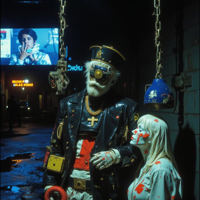 A dark, cinematic scene featuring a figure in a black leather jacket, gold chains, and a hat with a mask, standing beside a pale figure with blonde hair, with a TV screen visible in the background.