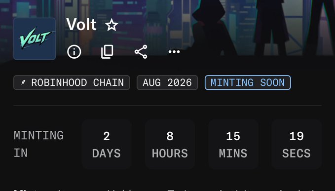 A countdown timer for the "Volt" NFT mint on Robinhood Chain displays 2 days, 8 hours, 15 minutes, and 19 seconds until its scheduled launch in August 2026, tagged as "MINTING SOON." The image directly supports the post's announcement of Volt's upcoming mint on Robinhood, with the countdown emphasizing the project's imminent launch date.
