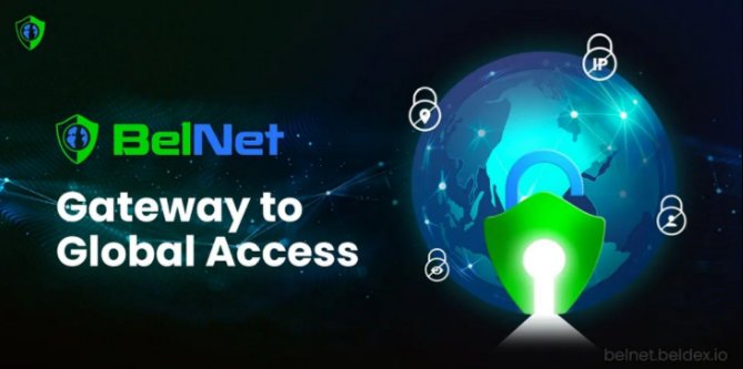 An advertisement graphic displays 'BelNet Gateway to Global Access' with a green shield, a keyhole, and a glowing globe with network nodes.