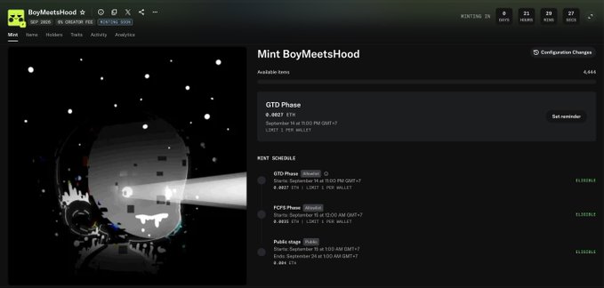 The image shows a webpage for the NFT collection "BoyMeetsHood" (Royalties: 5%, Creator Fee: 2.5%, Minting in: 8D, 2H, 19M, 27S) featuring a pixelated skull illustration and displaying the "Mint BoyMeetsHood" page with a price of 0.0027 ETH and a countdown showing the mint schedule, including GTD Phase and FCFS Phase starting September 16 at 5:00 PM GMT+7.
