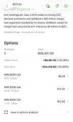 A blurry screenshot of a financial options trading interface, showing an account balance and various options positions including ARM 5250 Calls, with numbers largely illegible due to low resolution.