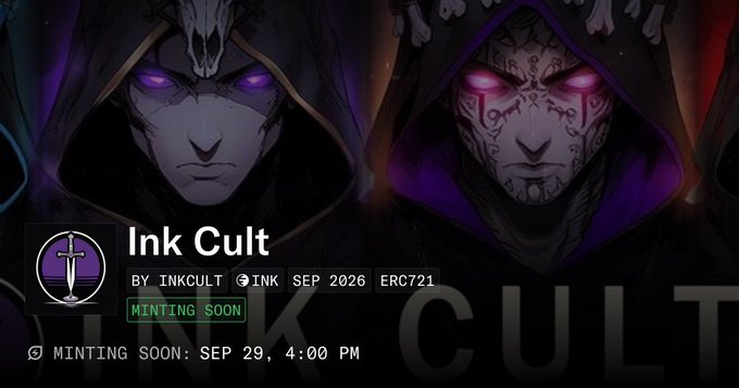Promotional banner for the "Ink Cult" NFT collection by @inkcult (INK, ERC721), featuring two hooded figures with glowing purple and red eyes, announcing a free mint on Sep 29 at 4:00 PM, which aligns with the post's hype about the upcoming mint and OpenSea collection.