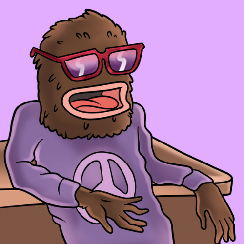 An illustrated Bored Ape-style NFT character with brown fur wearing red sunglasses and a purple sweatshirt with a peace sign logo, set against a light purple background.