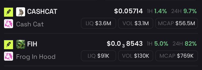 A cryptocurrency price tracker showing CASHCAT (Cash Cat) at $0.05714 and FIH (Frog In Hood) at $0.08543, displaying metrics like liquidity, volume, and market cap.