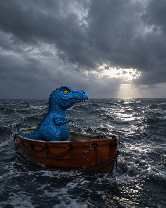 A blue dinosaur figurine sits alone in a small wooden boat on a turbulent, stormy sea, embodying the post's metaphor of holding firm with conviction during a market downturn. The image visually represents the "blue dino" referenced in the $FEFER update, depicting resilience amid rough waters.