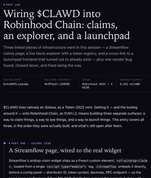 A screenshot of a developer blog titled "Wiring $CLAWD into Robinhood Chain: claims, an explorer, and a launchpad" discussing three linked infrastructure pieces (a Streamflow claims page, a live block explorer, and a cross-link to a launchpad) on Solana, alongside a preview of a custom Streamflow page embedding the $CLAWD widget—relating to the post about powering work with $CLAWD and rallying devs together.