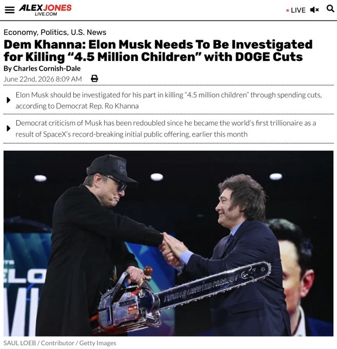 The image shows two men standing next to each other, with one man holding a chainsaw while the other man has his hand outstretched towards him. The text above them reads "Dem Khanna: Elon Musk Needs To Be Investigated for Killing 4.5 Million Children" and "DOGE Cuts".