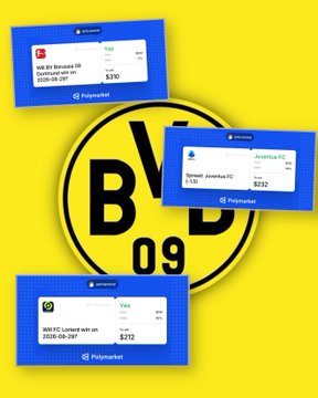A bright yellow graphic displays three Polymarket betting position cards for Bundesliga, Serie A, and Ligue 1 matches—Dortmund to beat Hamburg at 71% (71¢/$310), Juventus -1.5 vs Parma at 56% (56¢/$232), and Lorient to beat Troyes at 52% (52¢/$212)—overlaid on a bold "BB 09" emblem, visually summarizing the day's three high-percentage prediction market picks.