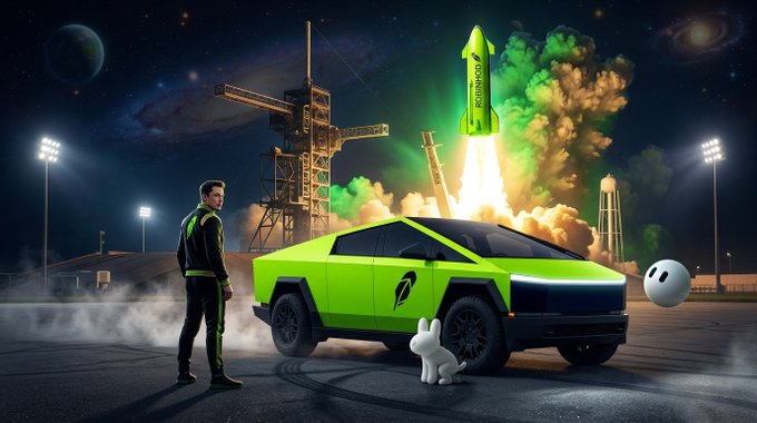 A vibrant digital artwork showing a person in athletic wear standing next to a bright green Tesla Cybertruck, with a rocket launching in the background and small cartoon figures nearby.