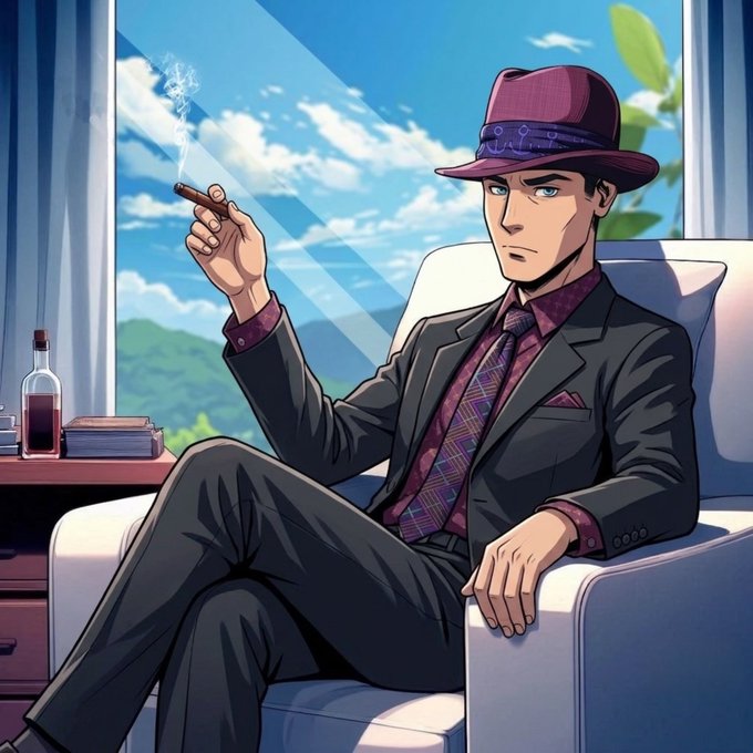A well-dressed anime man in a purple fedora and suit lounges in an armchair, smoking a cigar with smoke curling toward the window. The image accompanies a "GM & Happy Sunday friends" post, with his relaxed, confident pose and the bottle of spirits nearby setting a leisurely Sunday morning mood.