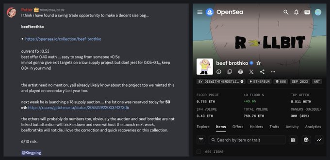 A Discord message from user "Potter" recommends the "beef brothko" NFT collection on OpenSea, noting a current floor price of 0.53 ETH, with advice to snipe listings around 0.40-0.5 ETH, while the OpenSea page on the right confirms the collection details including a 0.765 ETH floor price, 666 items, and 789.76 ETH total volume. The post highlights an opportunity in an under-the-radar collection by the same artist who recently auctioned pieces for 400 ETH.