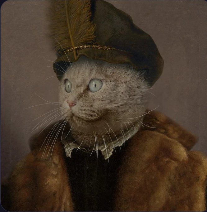 A digitally edited portrait of a cat with a human-like expression, dressed in a Renaissance-style costume featuring a feathered hat and fur-trimmed coat.
