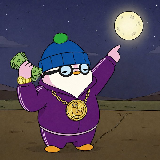 A cartoon penguin character dressed in a purple tracksuit, blue beanie, and glasses, wearing a large gold chain and holding cash while pointing at the moon in a night scene.