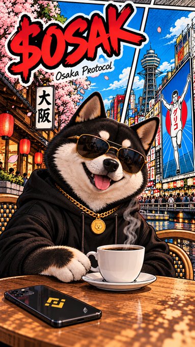 A stylized poster titled "$OSAK Osaka Protocol" depicts a Shiba Inu dog wearing sunglasses and a gold medallion, sitting at a café table with a coffee cup and a smartphone.